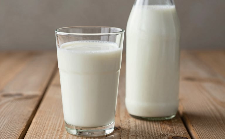 A close-up photograph of a fresh, cold glass of milk next to a glass bottle on a rustic wooden table. The scene is bright and highlights purity and health. The background is softly blurred to emphasize the product. Colors: soft cream and warm taupe.