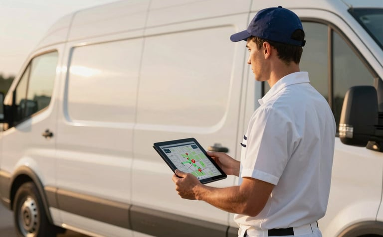 A professional dairyman in a clean uniform standing next to a modern delivery van. He is holding a tablet that shows a digital map with delivery pins. The lighting is warm and approachable, early morning atmosphere. Colors include deep espresso and pale sand.
