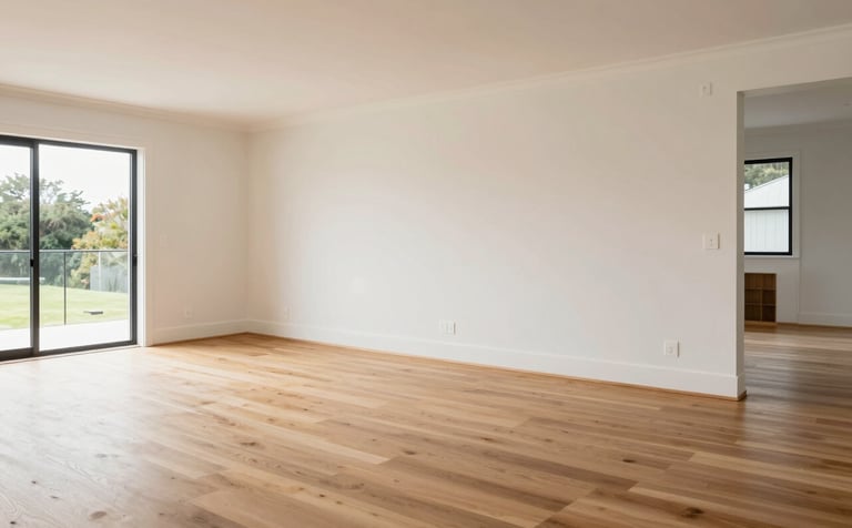 A bright open-plan residential living space in New Zealand, showing a professional home renovation with fresh light-toned timber flooring and expert wall painting. Reliable and clean aesthetic.