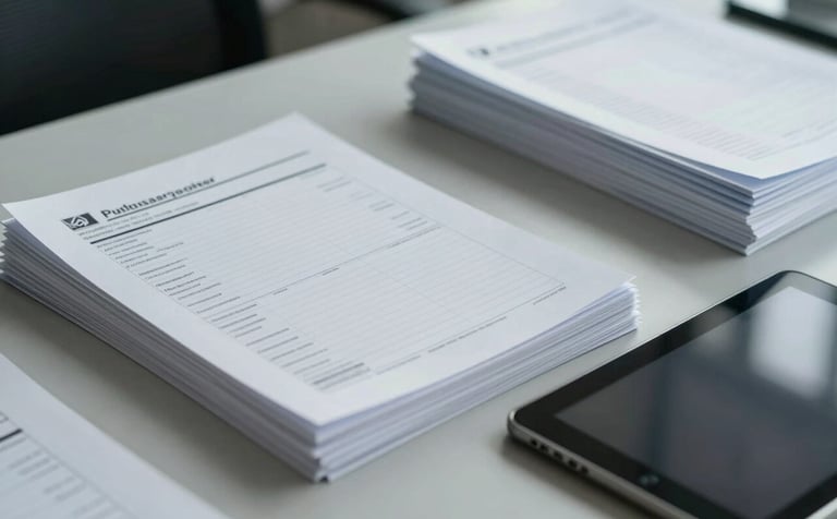 Close-up of organized paperwork and a digital tablet on a desk in a logistics office. The scene features muted blue-grey and off-white tones, emphasizing administrative efficiency.