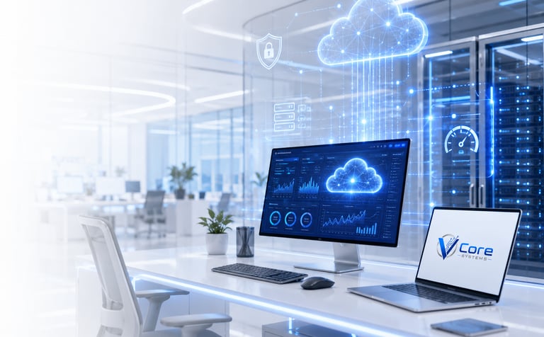 Modern office desk featuring cloud computing data visualization on a monitor and laptop in a server room setting.
