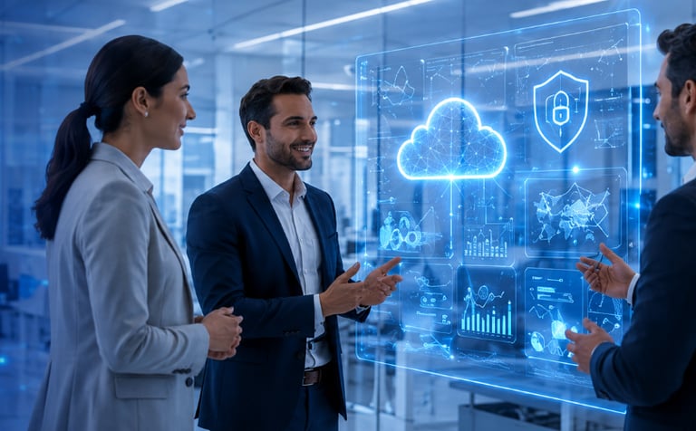 Business professionals analyzing a digital cloud computing and cybersecurity data interface in a modern office.