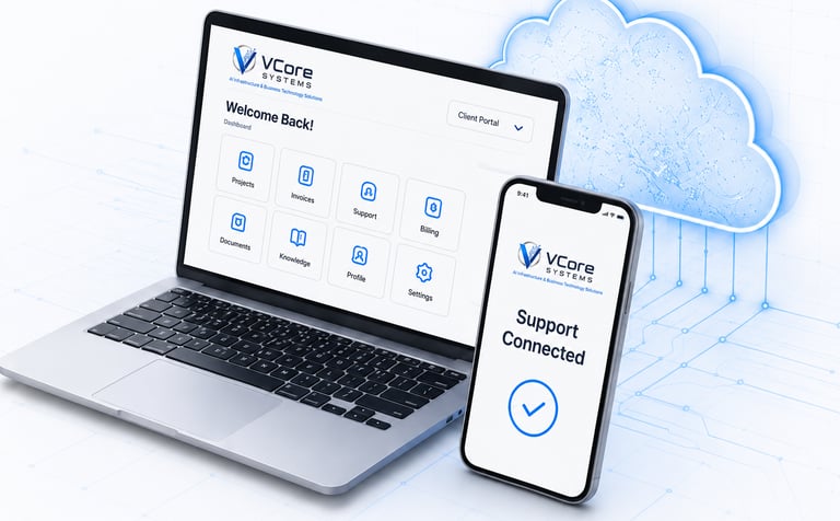 VCore Systems dashboard on a laptop and smartphone next to a digital cloud icon showing AI infrastructure solutions.