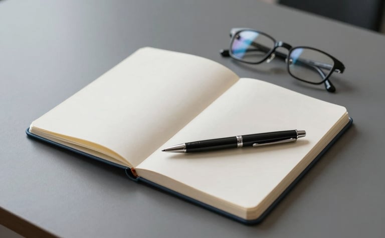 A minimalist, high-angle photograph of a sleek, professional desk. A blank open notebook, a high-quality pen, and a pair of modern eyeglasses are arranged neatly. The atmosphere is quiet, professional, and sophisticated, using a palette of #F8FDFE and #A0C4E2 accents.