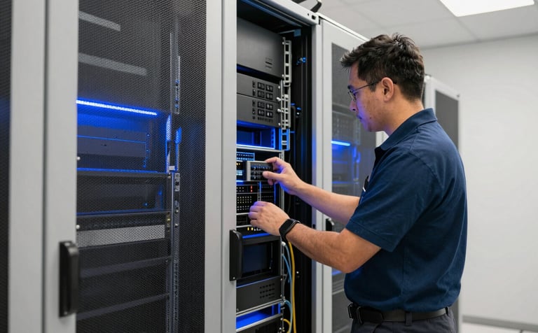 A professional photography shot of a clean, tech-forward server environment in an international data center. The lighting is dominated by off-white and deep blue tones. A technician in professional attire is inspecting hardware, symbolizing precision and modern digital expertise in a North American setting.