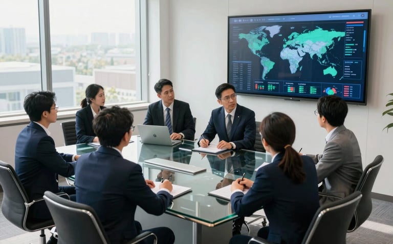 A high-angle photography shot of a professional North American corporate boardroom. Analysts in dark navy and steel blue business attire are gathered around a sleek glass table, looking at a large wall-mounted screen displaying global logistics data. The room is bright with natural light from floor-to-ceiling windows, reflecting a modern, sophisticated atmosphere.