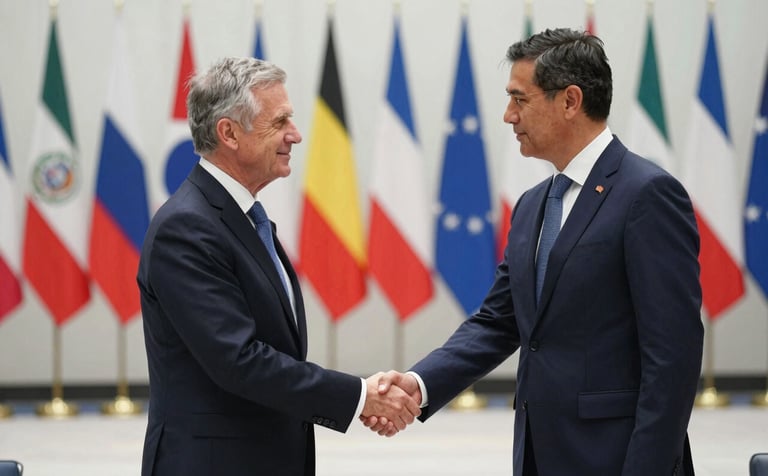 A professional photography shot of an international summit hall. Two executives in polished corporate attire are shaking hands in front of a blurred background of various national flags, representing international cooperation and trust. The setting is a bright, modern North American convention center with a palette of muted blue and off-white.