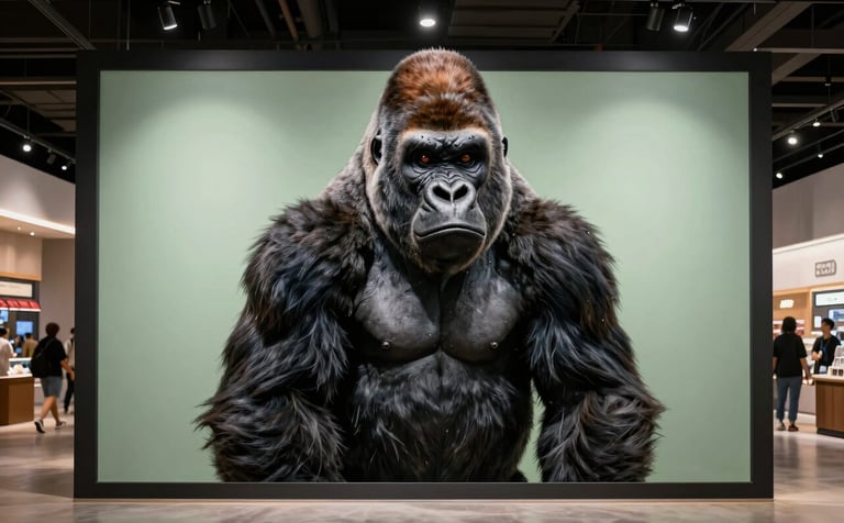 A professional photography shot of a giant realistic gorilla optical illusion on a large-format display in a modern international theme park. Sophisticated lighting, dark navy and pale sage green accents in a high-traffic professional venue.