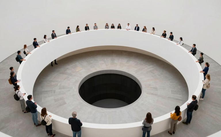 A dizzying high-angle professional shot of a realistic 3D floor hole illusion in a contemporary international museum gallery. Visitors standing at the edge looking down. Clean, minimalist mist white environment with North American architectural style.