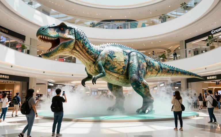 A wide-angle professional photograph of a massive 3D dinosaur optical illusion gigantography installed in a sunlit North American shopping mall. People are interacting with the art for social media photos. Bright and airy atmosphere with mist white and vibrant teal tones.