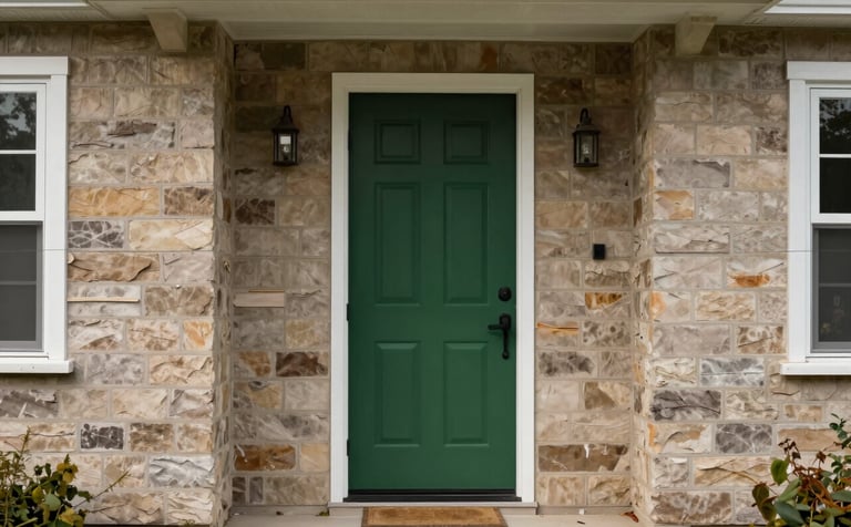 A sharp, detailed photograph of a house exterior undergoing renovation. A front door is being painted in a bold dark forest green, contrasting with warm taupe stone siding. The image conveys transformation, opportunity, and the potential of distressed real estate.