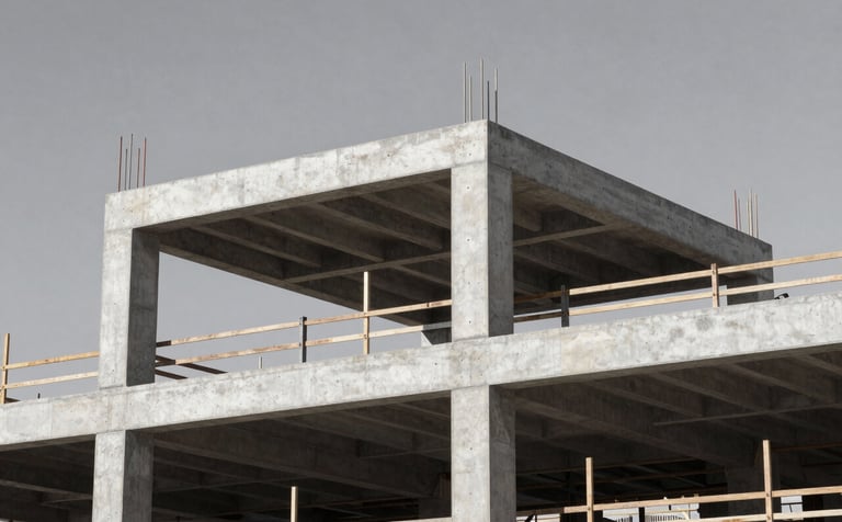 An ultra-modern, structured view of a construction site featuring clean concrete frames and steel supports under a clear grey sky. North American / International context, focusing on order and precision.