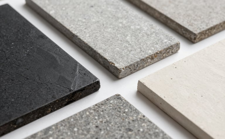 A close-up photograph of architectural material samples including charcoal steel, light grey stone, and off-white plaster, arranged in a strict grid on a white surface. North American / International studio style.