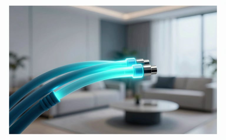 A close-up of high-speed fiber optic cables glowing with soft blue and teal light, set in a modern, clean living room. The style is professional and minimalist, reflecting modern efficiency and incorporating shades of #0A192F and #ADC8CD.