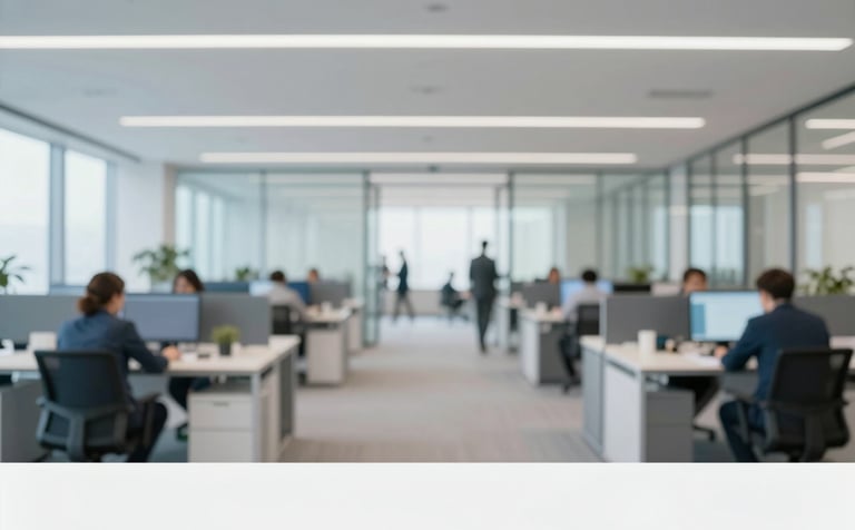 An wide-angle shot of a bright, modern corporate office with glass walls and professional people working at high-tech stations. The image uses a clean, professional aesthetic with #0A192F and #F0F5F5 to symbolize high-performance business solutions.
