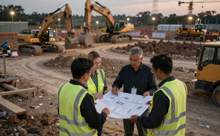 A high-angle, professional photograph of a large-scale construction site at dusk. Architects and managers in high-visibility vests with subtle Indigenous patterns are reviewing blueprints. The scene is lit by warm site lights against a cool evening sky. The color palette includes deep blacks (#1A1A1A) and warm taupe tones (#A89F95) in the machinery.