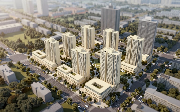 An aerial view of a sophisticated urban land development plan, showcasing clean lines and organized infrastructure. The image style is clean and modern, with a professional aesthetic. Incorporates natural landscapes and sustainable design elements. The lighting is bright and clear. Palette uses cream (#EAE0D0) and muted wood tones (#524B43).