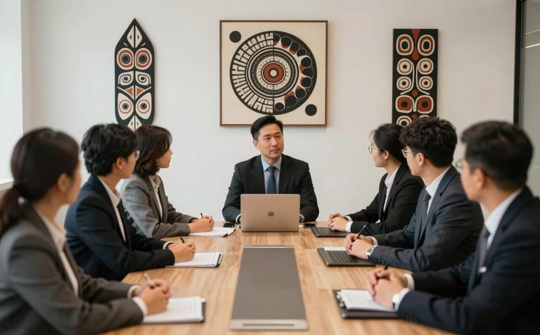 A clean, modern corporate boardroom setting with a diverse group of professionals engaged in a strategic meeting. The room is decorated with sophisticated Indigenous artwork on the walls. The lighting is soft and professional. Colors emphasize a reliable and forward-thinking mood using blacks (#1A1A1A) and cream accents (#EAE0D0).