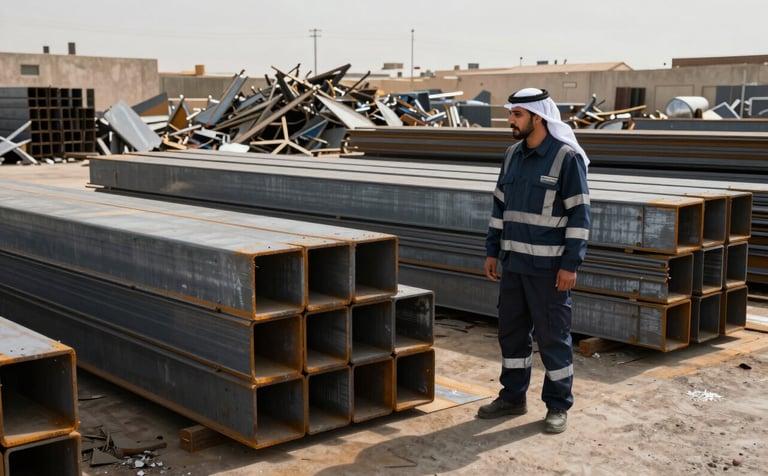 A wide-angle professional photograph of a clean, organized industrial scrap yard in Dammam, Saudi Arabia. In the scene, a professional supervisor in a modern Middle Eastern / Gulf industrial safety uniform stands beside a neatly stacked pile of processed steel. The lighting is sharp and clear, reflecting a technologically advanced mood with tones of deep navy and steel grey.