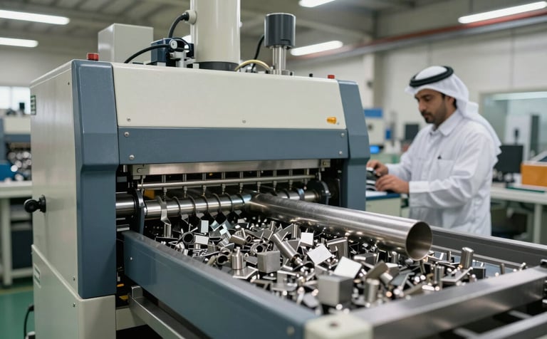 Photography of a high-tech metal recycling plant interior. Precision sorting machines process metallic components under clean, bright lights. A specialized engineer in a Middle Eastern / Gulf industrial environment is visible in the background. The aesthetic is modern and efficient with slate blue and soft off-white highlights.