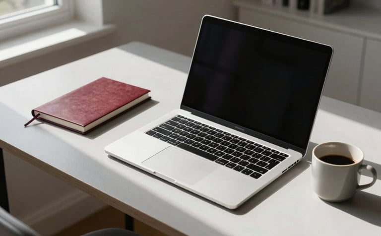 A high-angle shot of a minimalist workspace in a British / UK home office. A sleek silver laptop sits on a light grey desk next to a deep red notebook and a ceramic cup. Natural morning light spills through a window, creating soft shadows. The style is modern, professional, and clean.