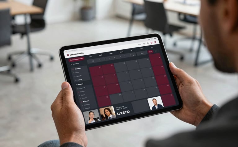 A professional in a modern British / UK co-working space, holding a sleek tablet. The screen displays an organized social media content calendar with dark grey and deep red theme colors. The background is a bright, airy office with minimalist furniture and a professional atmosphere.