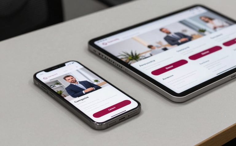 A close-up of a modern professional desk in a British / UK startup hub. A smartphone and a high-end tablet sit on a light grey surface, showing a responsive website layout with deep red call-to-action buttons. Minimalist and energetic photography.