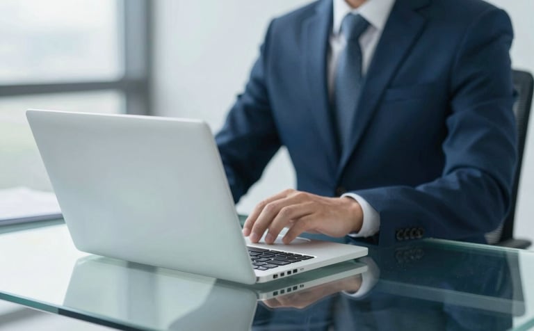 A high-end, modern office setting with a glass desk and a sleek laptop. In the background, a professional accountant in a navy suit is partially visible, reflecting a professional and trustworthy atmosphere. The lighting is bright and clean, incorporating tones of #8DAACB and #F5F8FA.