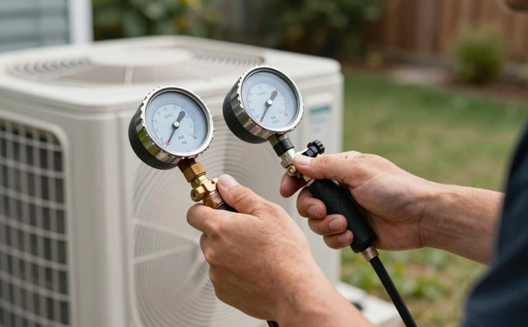 Close-up of a technician's hands using professional pressure gauges on an outdoor air conditioning condenser unit in a suburban North American backyard.