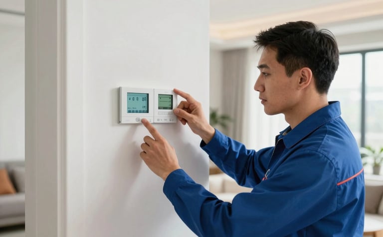 A professional HVAC technician in a clean uniform inspecting a digital smart thermostat on a white wall inside a modern North American living room, soft natural lighting.