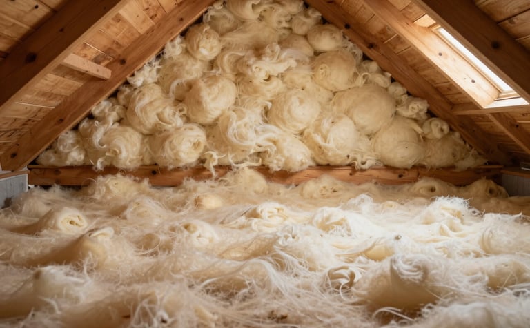 A wide-angle, clean photography of a residential attic with a thick, uniform layer of fresh pale mist fiberglass insulation. Wooden rafters are visible under soft, warm lighting, creating a sense of a cozy and well-protected home.