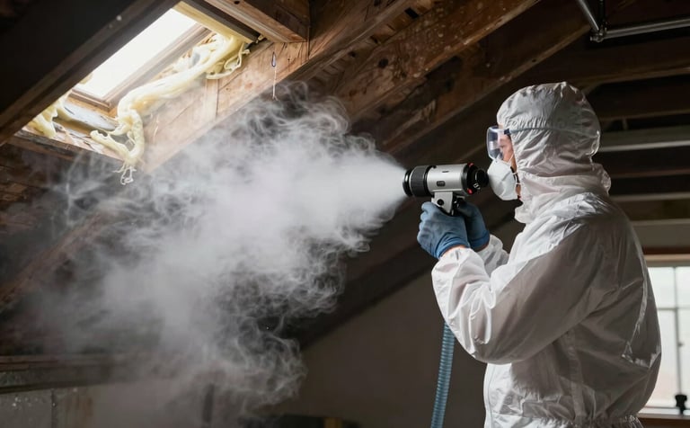 A professional technician in a white protective suit blowing premium pale mist colored fiberglass insulation into a dark attic using a professional hose. The lighting is bright and focused on the fluffy insulation texture, conveying efficiency and comfort.