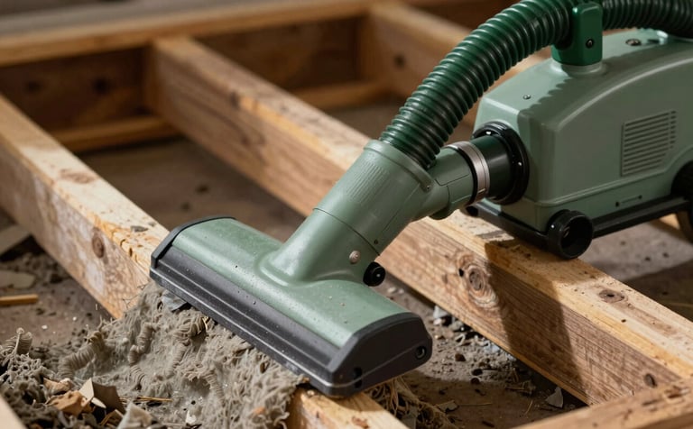 A clean, professional close-up of an industrial vacuum hose removing old, gray insulation from between attic joists. The muted sage green and deep forest green tones highlight the professional nature of the specialized equipment.