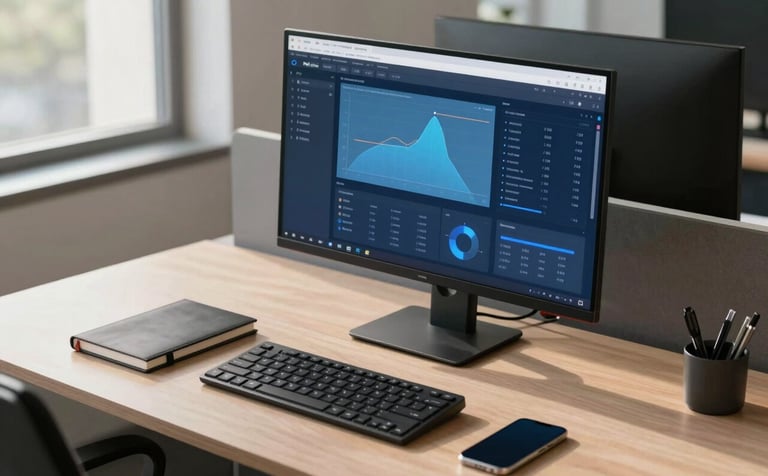 A high-angle photography shot of a sleek, modern workstation in a North American corporate office. A high-resolution monitor shows a professional analytical interface with soft blue and navy color schemes. The desk is organized with a premium notebook and a smartphone, lit by soft morning sunlight through a window.