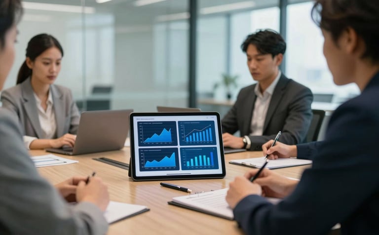 A professional photograph of a digital marketing team meeting in a bright, glass-walled conference room in a US tech hub. On the table, a tablet displays sophisticated charts in shades of navy and medium blue. The focus is on the technology and the professional, results-oriented atmosphere.