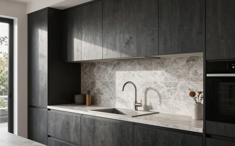 A high-end photography shot of a newly renovated kitchen in a Sydney Australian home. The focus is on the seamless joinery of dark charcoal cabinetry against a light grey stone splashback. Natural morning light highlights the textures of the materials, creating a sophisticated and trustworthy atmosphere.