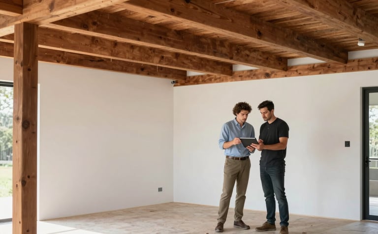 A professional photograph of a bright, modern Australian home renovation project. A project manager in smart-casual attire reviews progress on a digital tablet in a clean construction environment featuring high-quality brown timber beams and fresh off-white painted walls.