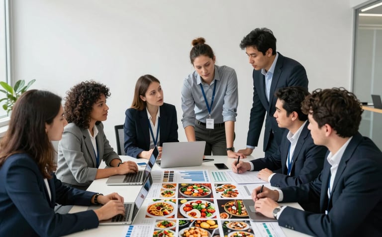 A North American / Western European agency team in a bright, modern office space with crisp parchment walls. They are collaborating around a large table, looking at social media analytics and vibrant food market mood boards. Professional and down-to-earth vibe.