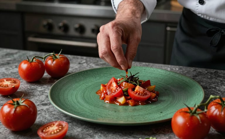 A professional food photography scene in a North American / Western European rustic kitchen studio. A chef is garnishing a vibrant tomato dish. Matte forest green and deep ripe crimson ingredients are scattered artistically. High-quality lighting, professional and sophisticated atmosphere.