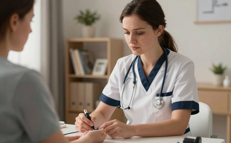 A professional nursing expert in a clean uniform with deep navy accents, focused on checking a patient's vitals with deep empathy in a Central European / German clinical home setting. The lighting is warm and reassuring, emphasizing trust and medical excellence.