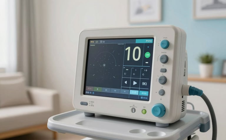 A close-up photograph of a high-tech medical ventilator monitor with clear digital displays, set in a peaceful and clean Central European / German home environment. The lighting is soft and natural, with off-white and light blue tones in the room background to convey professionalism and calm.