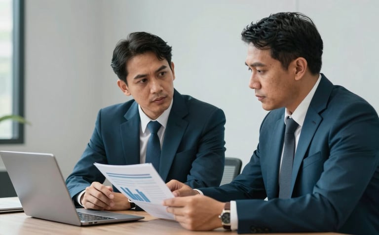 A collaborative meeting between two Southeast Asian / Indonesian business professionals in a clean, modern workspace. The scene includes Deep Teal decor and Light Grey walls. They are discussing a financial report with a serious yet confident expression. High-end corporate photography.
