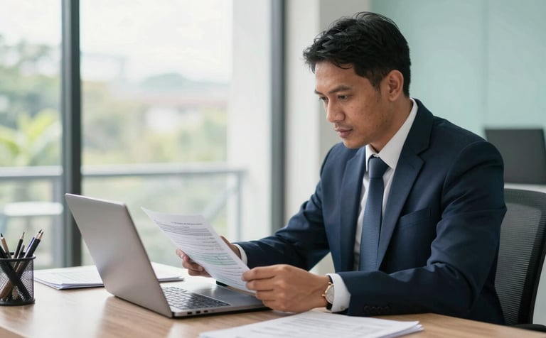 A professional Southeast Asian / Indonesian accountant sitting in a modern, sunlit office with Dark Navy and Soft Teal accents. They are focused on a laptop screen while reviewing tax documents. The atmosphere is professional and trustworthy, captured in high-quality photography.