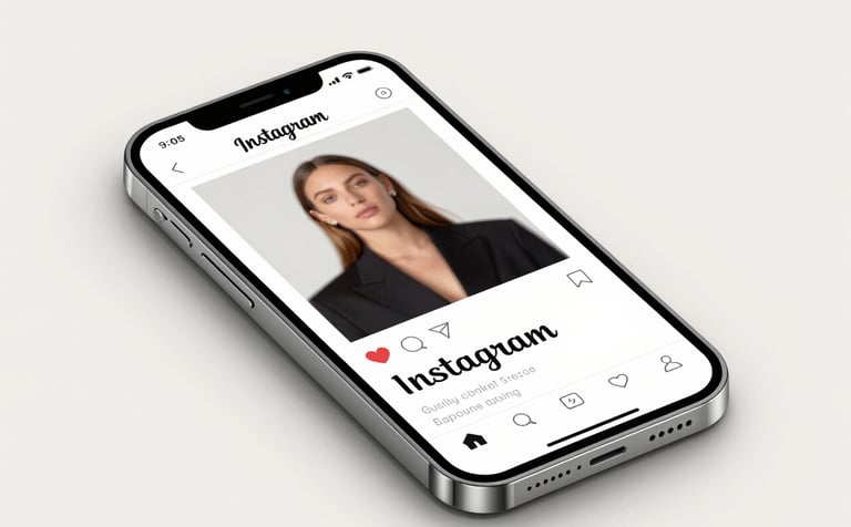 A sleek, premium smartphone display showing a high-performance Instagram ad layout for a luxury brand, using silver and white accents. Minimalist studio lighting on an off-white (#F5F5F5) background.