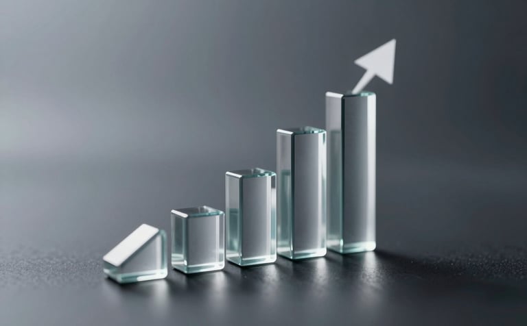 A series of abstract, silver translucent glass bars trending upward on a dark, reflective surface (#1A1A1A), symbolizing growth and ROI. Professional and results-driven aesthetic.