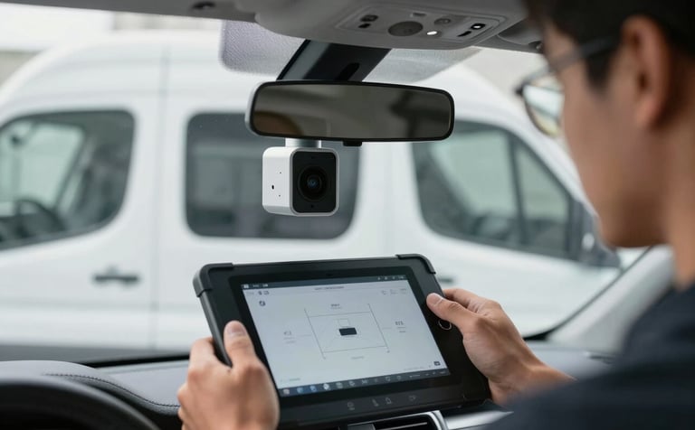 A close-up shot of a technician using a specialized digital calibration tablet inside a modern car. The focus is on the advanced safety camera system mounted behind the rearview mirror. The environment is a professional, bright mobile service van setup in a North American urban setting, emphasizing modern technology and precision.