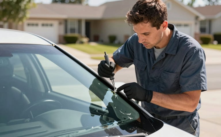 A professional auto glass technician in a clean uniform using specialized tools to repair a small chip on a car windshield. The vehicle is parked on a sunny North American residential driveway. The lighting is bright and natural, highlighting a clean, efficient service process with a blurred suburban house in the background.