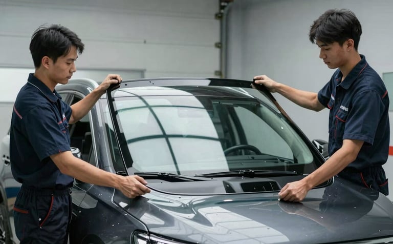 Two professional technicians carefully lifting a brand new, clear windshield into place on a modern SUV. The setting is a clean garage in the US, professional lighting, reflecting a mood of efficiency and modern trust with dark navy tones.