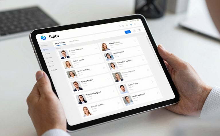Close-up photography of a professional hand in a white shirt holding a digital tablet in a bright office in Salta, Argentina. The tablet displays a clean, minimalist CRM interface with organized client profiles. Sharp focus, professional lighting, reflecting corporate authority.