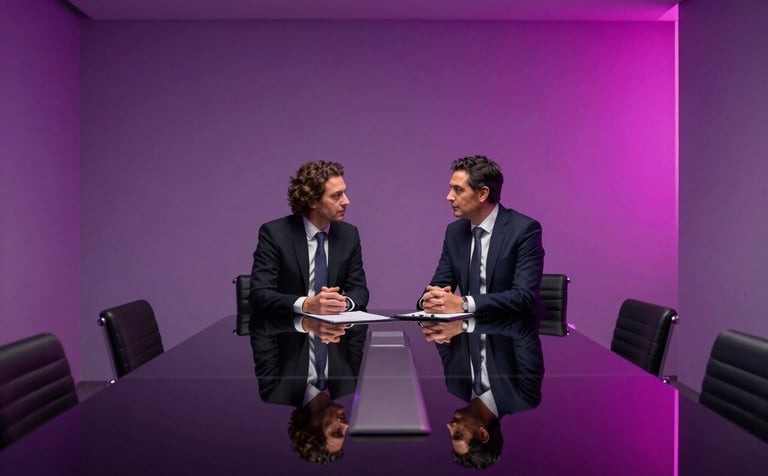 A high-end photography shot of a minimalist, modern boardroom in Madrid. The lighting features soft deep purple and vibrant fuchsia neon accents reflected on a polished glass table. Two professionals in business attire are engaged in a serious discussion in an Iberian / Spanish setting. Minimalist, premium, and professional atmosphere.